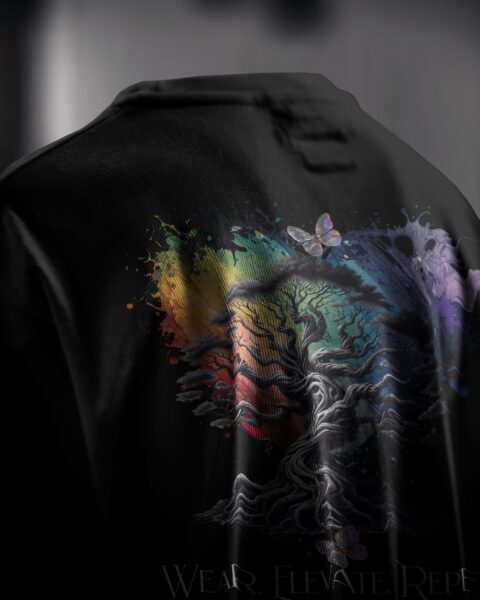 Black hoodie with a colorful abstract design featuring a butterfly on a dark background