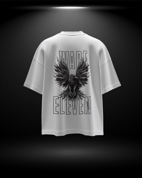 White t-shirt with black eagle design and 'Warp Eleven' text on a dark background