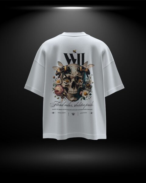 White t-shirt with a graphic design on the back against a dark background