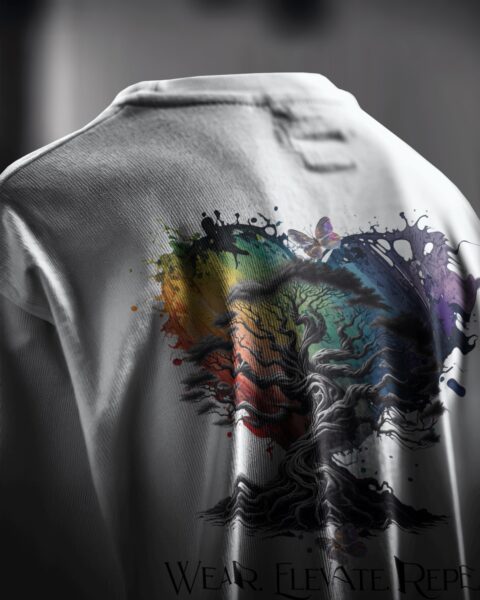 White shirt with a colorful graphic design on a blurred background
