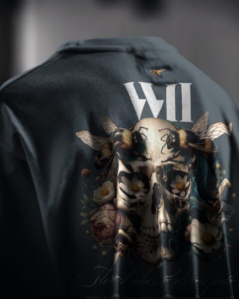 Black jacket with a skull and floral design on the back