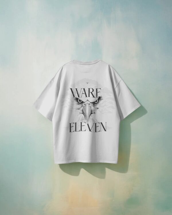 White t-shirt with Ware Eleven text and wing graphic design on hanger - premium casual wear