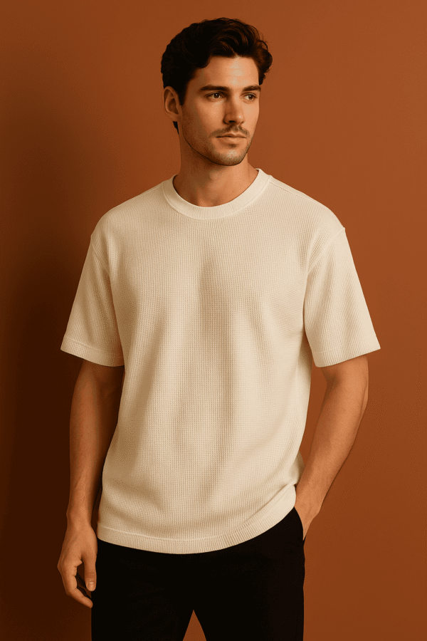 Beige waffle knit short sleeve t-shirt front view men's casual fashion